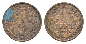 Нидерланды 1 цент 1917 Вильгельмина (1890-1948) KM 152 бронза 75-155