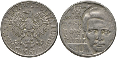 Польша 10 злотых 1967 MW, 100 лет со дня рождения Марии Склодовской-Кюри KM 59 медно-никель 180-242