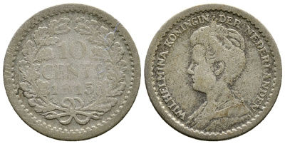 НИДЕРЛАНДЫ 10 ЦЕНТОВ 1915 ВИЛЬГЕЛЬМИНА KM серебро 46-767