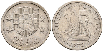 Португалия 2,5 эскудо 1970 корабль KM 590 медно-никель 4588-456