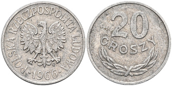 Польша 20 грошей 1966 MW, Народная Республика KM А47, Parchimowicz 208f алюминий 4580-646