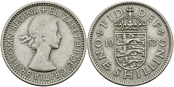 Великобритания 1 шиллинг 1953 Елизавета II (1952-2022), Английский герб KM 890, Spink 4139 медно-никель 94-533