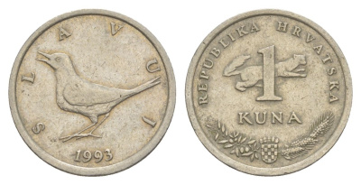 Хорватия 1 куна 1993 западный соловей, легенда на хорватском KM 9.1 медь цинк никель 4633-616