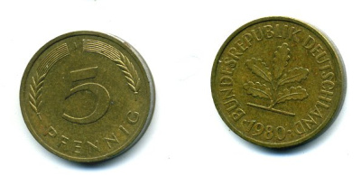 ФРГ 5 ПФЕННИГОВ 1980 J KM 107, J 382 сталь плакированная латунью 46-265