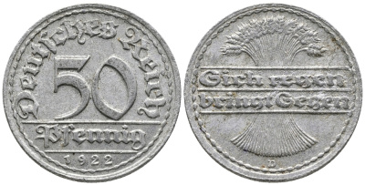 ГЕРМАНИЯ 50 ПФЕННИГОВ 1922 D KM 27, J. 301 алюминий 24-1055