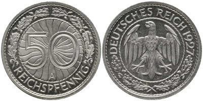 Германия 50 пфеннигов 1927 А J. 324, KM 49 никель PROOF 00-817-39