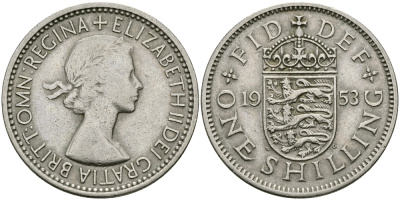 Великобритания 1 шиллинг 1953 Елизавета II (1952-2022), Английский герб KM 890, Spink 4139 медно-никель 94-533