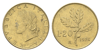 Италия 20 лир 1974 R, дубовые листья KM 97 алюминиевая бронза 4705-161