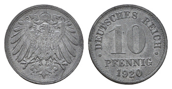 Германия 10 пфеннигов 1920 KM 26, J. 299 цинк 4636-1133