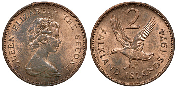 Фолклендские острова 2 пенса 1974 Елизавета II (1952-2022), магелланов гусь KM 3 бронза aUNC 4118-124