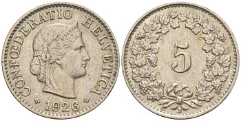 ШВЕЙЦАРИЯ 5 РАППЕНОВ 1926 В KM 26 медно-никель 211-1259