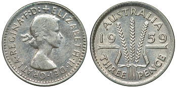 Австралия 3 пенса 1959 m, Елизавета II (1952-2022) KM 57 серебро 71-617