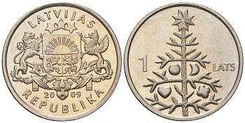 Латвия 1 лат 2009 рождественская ель KM 106 медно-никель UNC 66-546