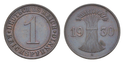 Германия 1 рейхспфенниг 1930 A KM 37, J. 313 бронза 4644-1043