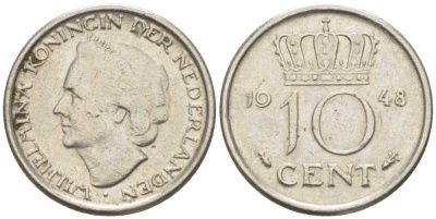 Нидерланды 10 центов 1948 Вильгельмина (1895-1948) KM 177 никель 214-1136