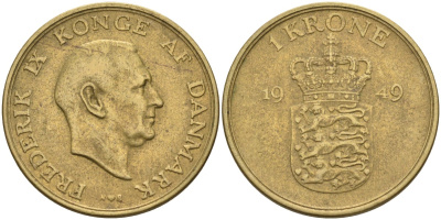 Дания 1 крона 1949 Фредерик IX (1947-1972) KM 837 алюминиевая бронза 4587-1122