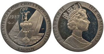 ОСТРОВ МЭН 1 КРОНА 1987 РЕГАТА ЧЕЛЛЕНДЖЕР НА КУБОК АМЕРИКИ, КУБОК И ЯХТЫ, ФРИМАНТЛ ЗАПАДНАЯ АВСТРАЛИЯ KM 183 медно-никель UNC 1078-1-64