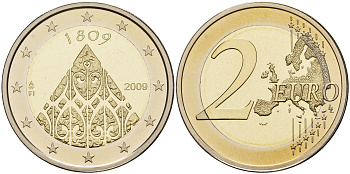Финляндия 2 евро 2009 200 лет автономии, в оригинальной коробке, с сертификатом, тираж 25000 экз. KM 149 биметалл  PROOF  5-4-4-24