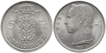 Бельгия 5 франков 1949 Леопольд III (1934-1950), Belgique KM 134.1 медно-никель 34-1137