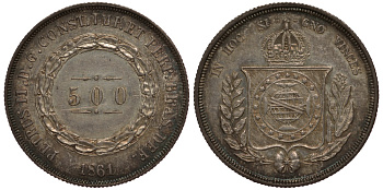 Бразилия 500 рейс 1861 Педро II (1831-1889) KM 464 серебро 272-322