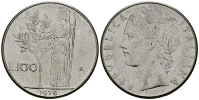 Италия 100 лир 1978 R, Афина у оливкого дерева KM 96.1 нержавеющая сталь 4137-241