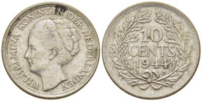 Нидерланды 10 центов 1944 Вильгельмина (1890-1948) KM 163 серебро aUNC 66-1238