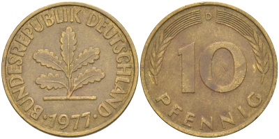 ФРГ 10 пфеннигов 1977 D KM 108, J. 383 сталь плакированная латунью 58-1251