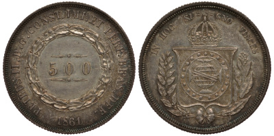 Бразилия 500 рейс 1861 Педро II (1831-1889) KM 464 серебро 272-322
