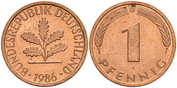 ФРГ 1 пфенниг 1986 G KM 105, J. 380 сталь плакированная медью    4598-639