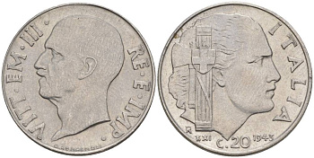 Италия 20 чентезимо 1943 R, Виктор Эммануил III (1900-1946), XXI год KM 75b, VEM3. 1031 нержавеющая сталь 3853-423