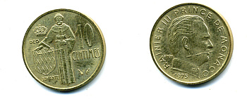 Монако 10 сантимов 1975 Ренье III (1949-2005) KM 142 алюминиевая бронза 73-147