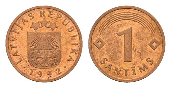 Латвия 1 сантим 1992 KM 15 сталь плакированная медью aUNC 105-444