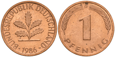 ФРГ 1 пфенниг 1986 G KM 105, J. 380 сталь плакированная медью    4598-639