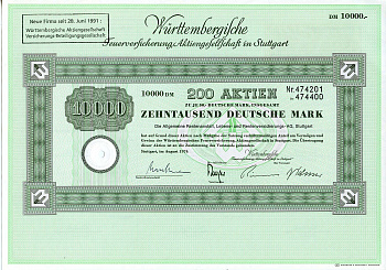 ФРГ 10000 марок 1974 Акционерное общество по страхованию от пожаров Вюртемберга, 200 акций   бумага   8803-42-1