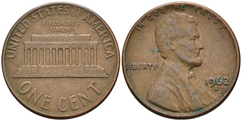 США 1 цент 1962 D, Линкольн KM 201 медь цинк 4564-412