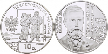 Польша 10 злотых 2008 серия польские путешественники, Бронислав Пилсудский (1866-1918) KM 649 серебро PROOF 1096-3-53