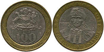 Чили 100 песо 2005 So KM 236, Schon 84 биметалл 4543-1256