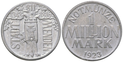 Менден (Пруссия, Вестфалия) 1000000 марок 1923 Funck 639.1A, Men18 20806.12, Men18 20806.13 алюминий 4610-337