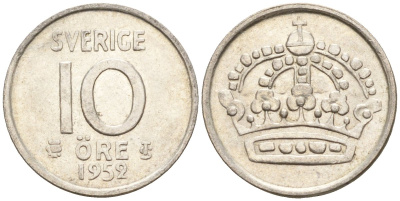 Швеция 10 эре 1952 Густав VI Адольф (1950-1973) KM 823 серебро 4147-862
