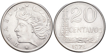 Бразилия 20 сентаво 1978 голова Свободы влево KM 579.1a, Schon 84b нержавеющая сталь 4529-733