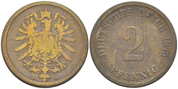 ГЕРМАНИЯ 2 ПФЕННИГА 1875 D, СТАРОГЕРБОВКА KM 2, J. 2, Weege 3 медь 212-551