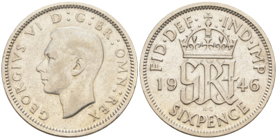 Великобритания 6 пенсов 1946 Георг VI (1936-1952) KM 852, Spink 4084 серебро 4588-617