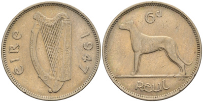 ИРЛАНДИЯ 6 ПЕНСОВ 1947 ИРЛАНДСКИЙ ВОЛКОДАВ KM 13а медно-никель 4591-753