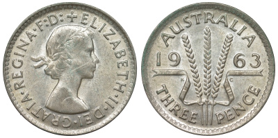 Австралия 3 пенса 1963 m, Елизавета II (1952-2022) KM 57 серебро 71-941