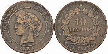 ФРАНЦИЯ 10 САНТИМОВ 1888 A, ТРЕТЬЯ РЕСПУБЛИКА (1871-1940) KM 815.1, LA FRANC 135.33 бронза 97-1131