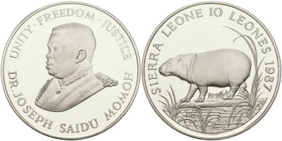 Сьерра-Леоне 10 леоне 1987 защита дикой природы, карликовый гиппопотам, доктор Джозеф Сайду Момох KM 41 серебро PROOF 1068-1-32