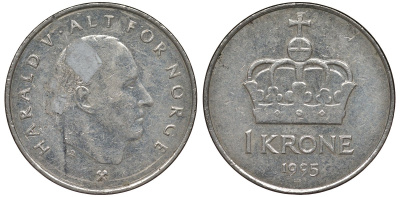 Норвегия 1 крона 1995 Харальд V (1991-) KM 436 медно-никель 4128-1115