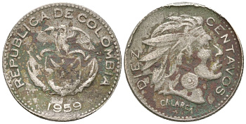 Колумбия 10 сентаво 1959 В, индеец Каларка KM 212 медно-никель 4611-855