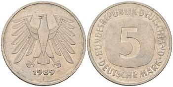 ФРГ 5 марок 1989 j KM 140.1 медно-никель 4557-716