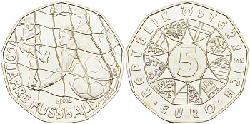 Австрия 5 евро 2004 100 лет австрийскому футболу KM 3113 серебро UNC 1522-1413